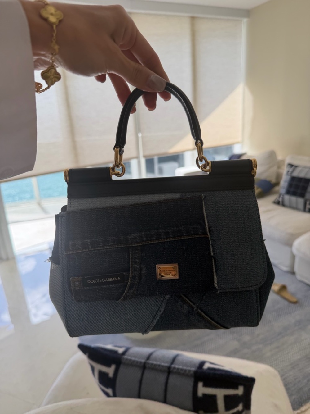 Dolce & Gabbana Black Denim Top Handle Satchel with Gold Hardware
